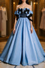 Blue satin lace long Formal Prom Dresses blue satin evening Dresses