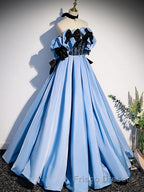 Blue satin lace long Formal Prom Dresses blue satin evening Dresses