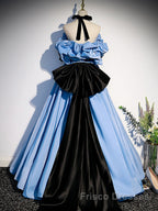 Blue satin lace long Formal Prom Dresses blue satin evening Dresses