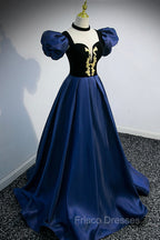 Blue Satin Lace Long Formal Prom Dress, Blue Short Sleeve Evening Party Dress