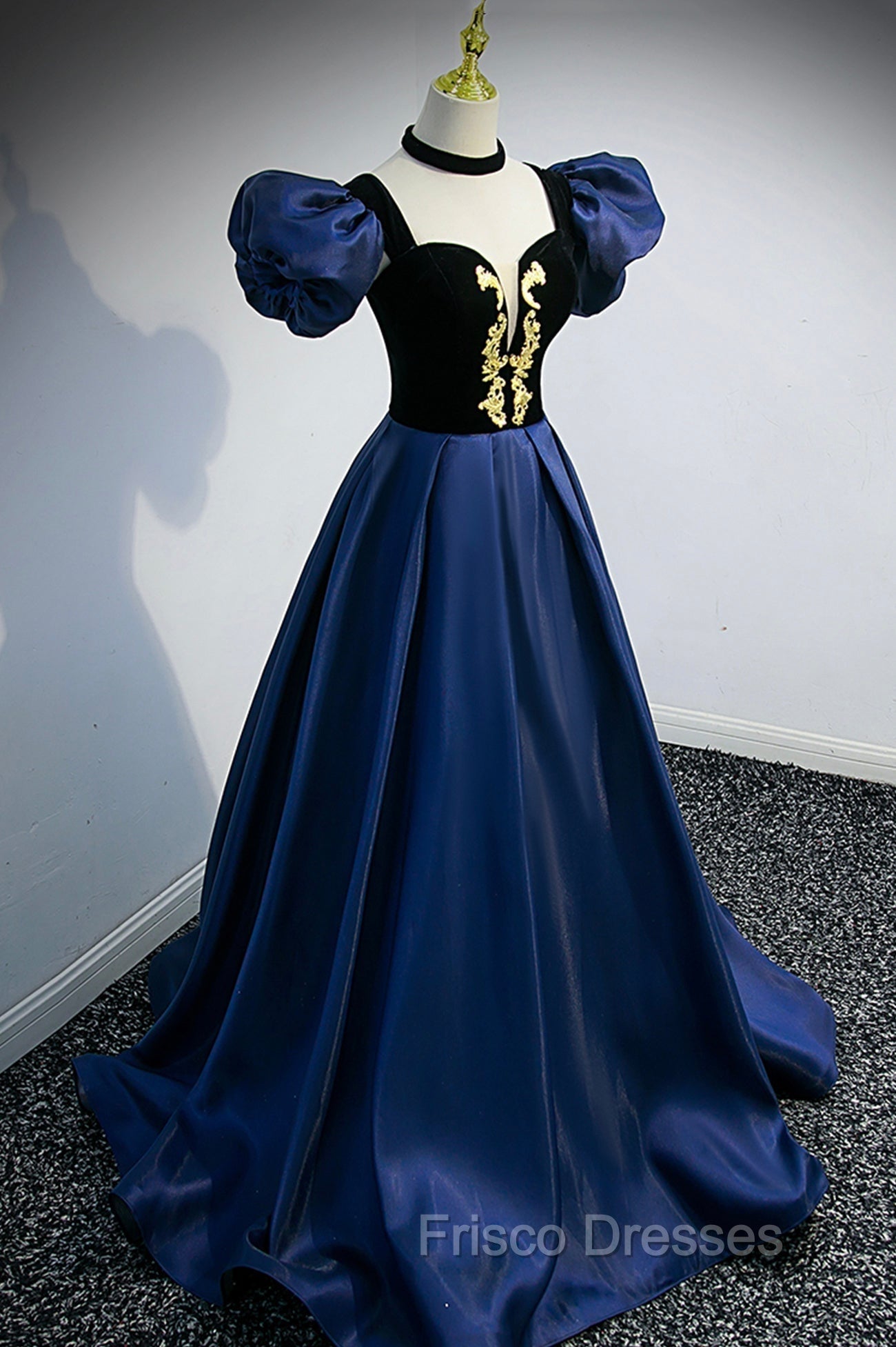 Blue Satin Lace Long Formal Prom Dress, Blue Short Sleeve Evening Party Dress