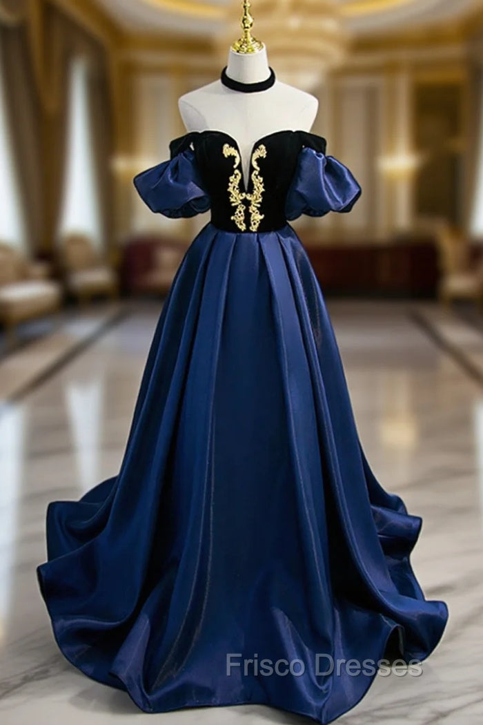 Blue Satin Lace Long Formal Prom Dress, Blue Short Sleeve Evening Party Dress