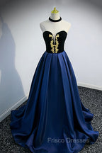 Blue Satin Lace Long Formal Prom Dress, Blue Short Sleeve Evening Party Dress