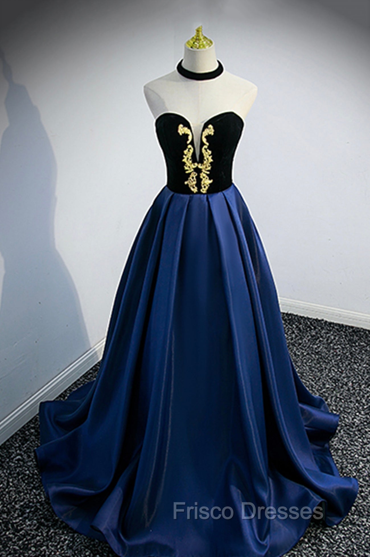 Blue Satin Lace Long Formal Prom Dress, Blue Short Sleeve Evening Party Dress