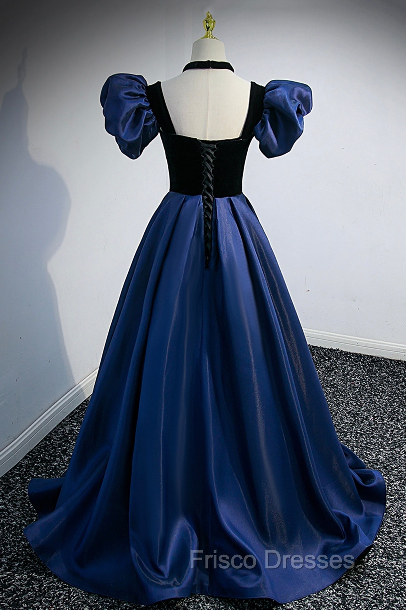 Blue Satin Lace Long Formal Prom Dress, Blue Short Sleeve Evening Party Dress