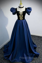 Blue Satin Lace Long Formal Prom Dress, Blue Short Sleeve Evening Party Dress