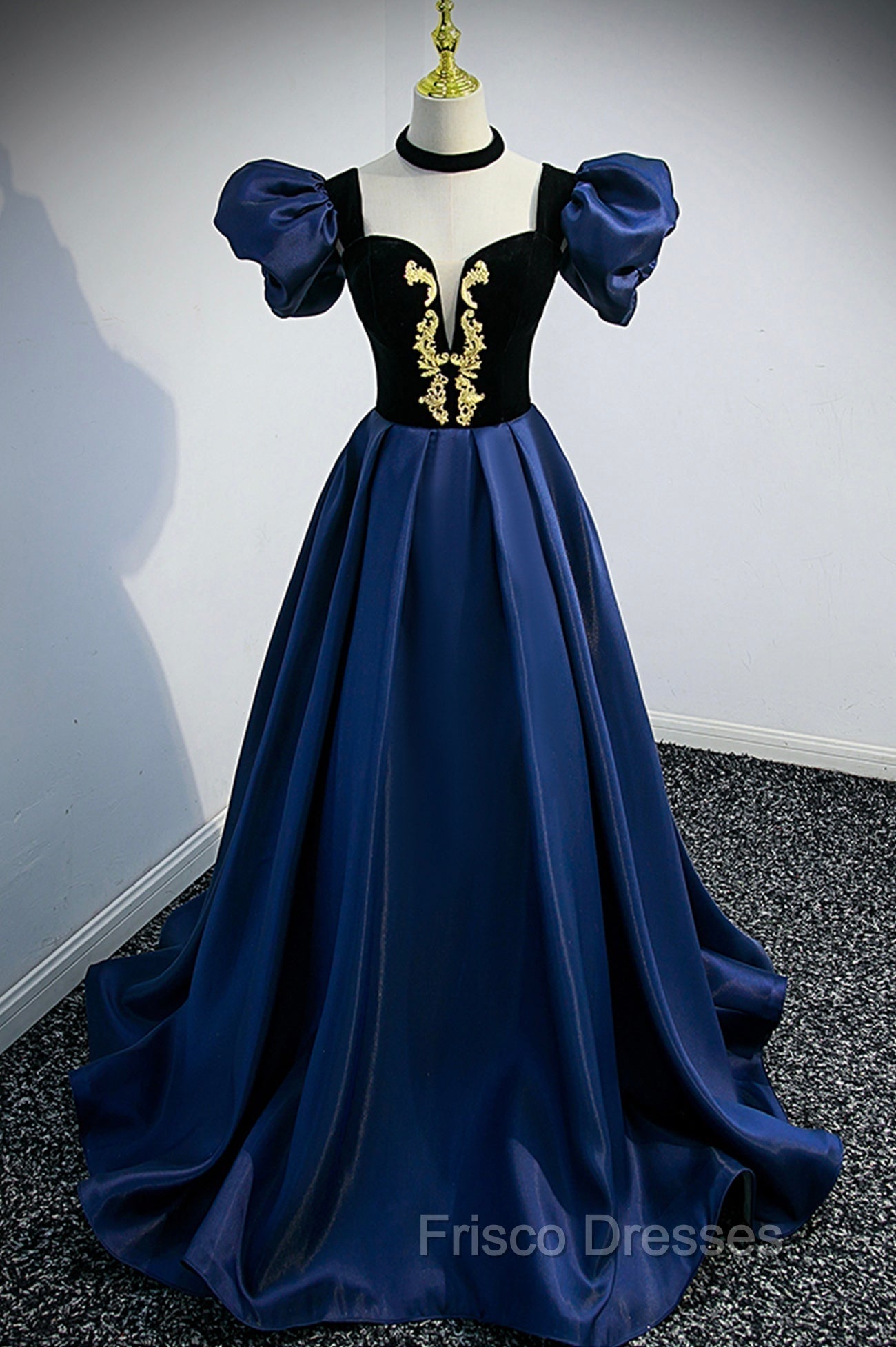 Blue Satin Lace Long Formal Prom Dress, Blue Short Sleeve Evening Party Dress