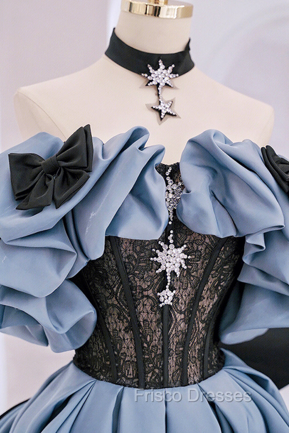 Blue Satin Lace Long Formal Prom Dress, Off Shoulder Evening Party Dress Secondary image