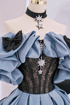 Blue Satin Lace Long Formal Prom Dress, Off Shoulder Evening Party Dress