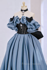 Blue Satin Lace Long Formal Prom Dress, Off Shoulder Evening Party Dress