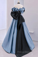 Blue Satin Lace Long Formal Prom Dress, Off Shoulder Evening Party Dress