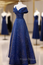 Blue Satin Long A-line Formal Dress Formal Prom Dress, Off Shoulder Blue Evening Dress