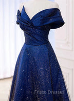 Blue Satin Long A-line Formal Dress Formal Prom Dress, Off Shoulder Blue Evening Dress