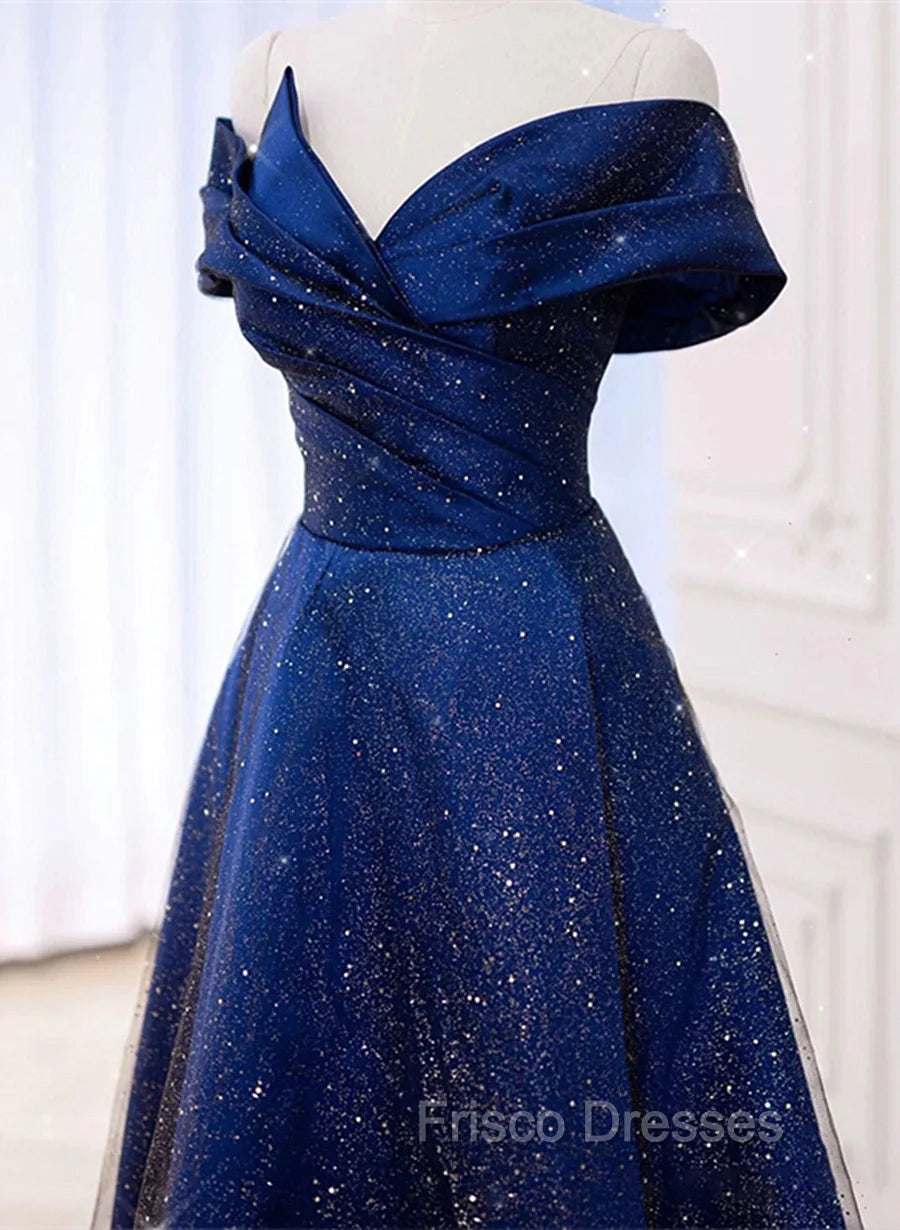 Blue Satin Long A-line Formal Dress Formal Prom Dress, Off Shoulder Blue Evening Dress