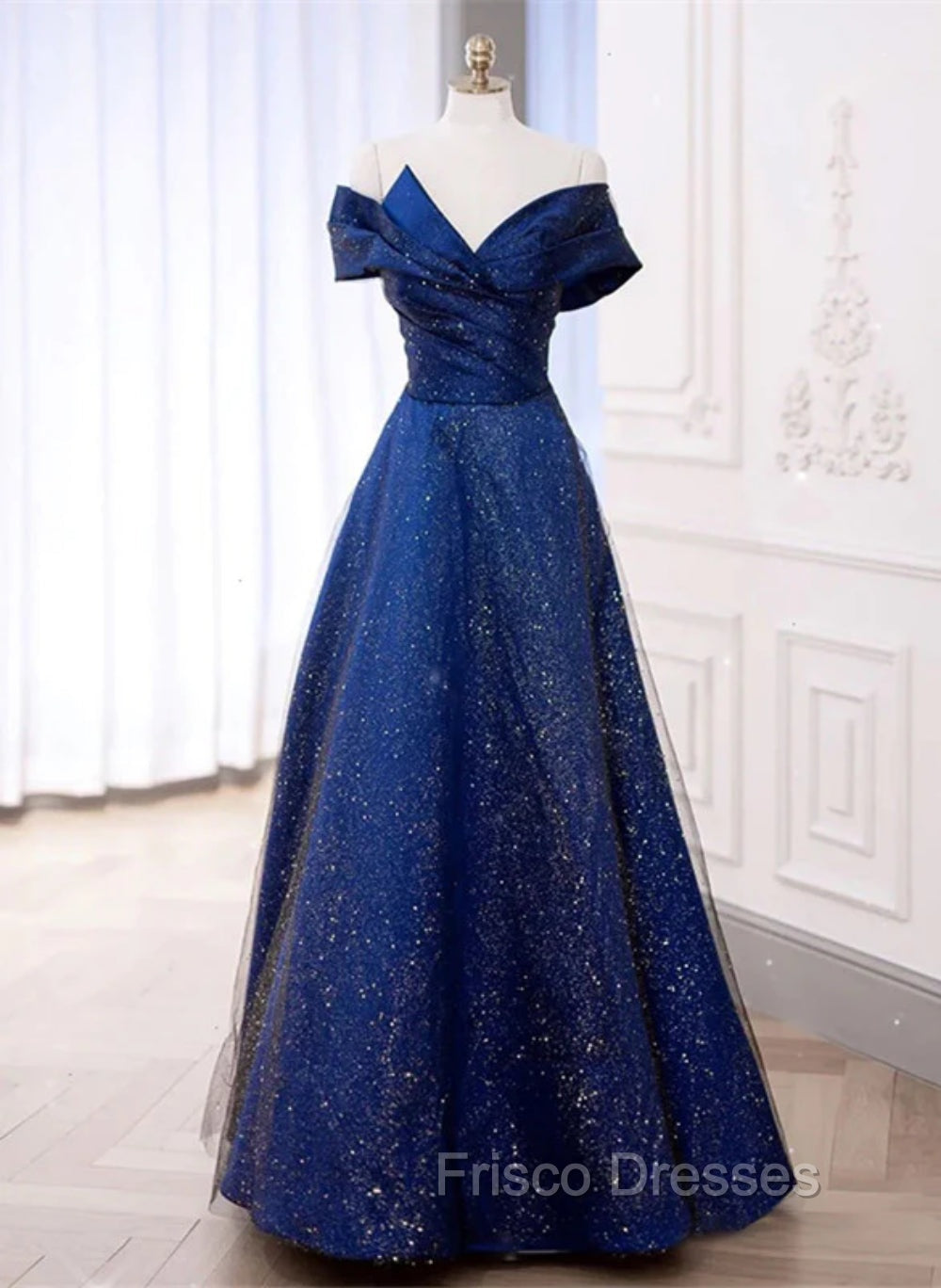 Blue Satin Long A-line Formal Dress Formal Prom Dress, Off Shoulder Blue Evening Dress