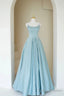 Blue Satin Long A-Line Prom Dress, Beautiful Spaghetti Straps Evening Dress