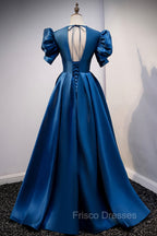 Blue Satin Long A-Line Formal Prom Dress, Elegant Short Sleeve Party Dress