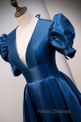 Blue Satin Long A-Line Formal Prom Dress, Elegant Short Sleeve Party Dress