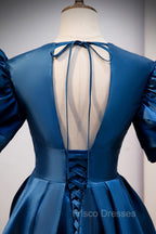 Blue Satin Long A-Line Formal Prom Dress, Elegant Short Sleeve Party Dress