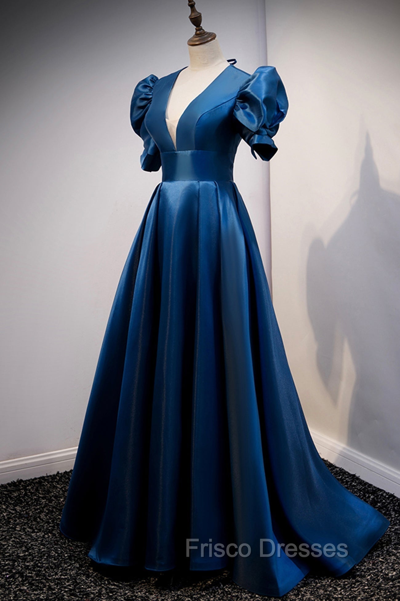 Blue Satin Long A-Line Formal Prom Dress, Elegant Short Sleeve Party Dress