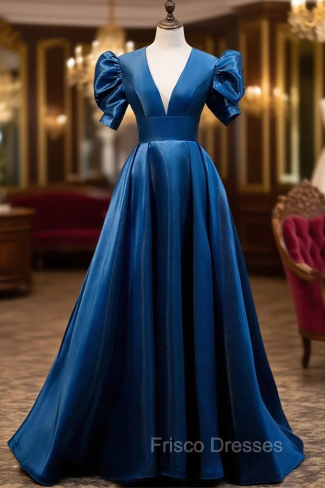Blue Satin Long A-Line Formal Prom Dress, Elegant Short Sleeve Party Dress