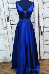 Blue Satin Long A Line Prom Dress Evening Dress