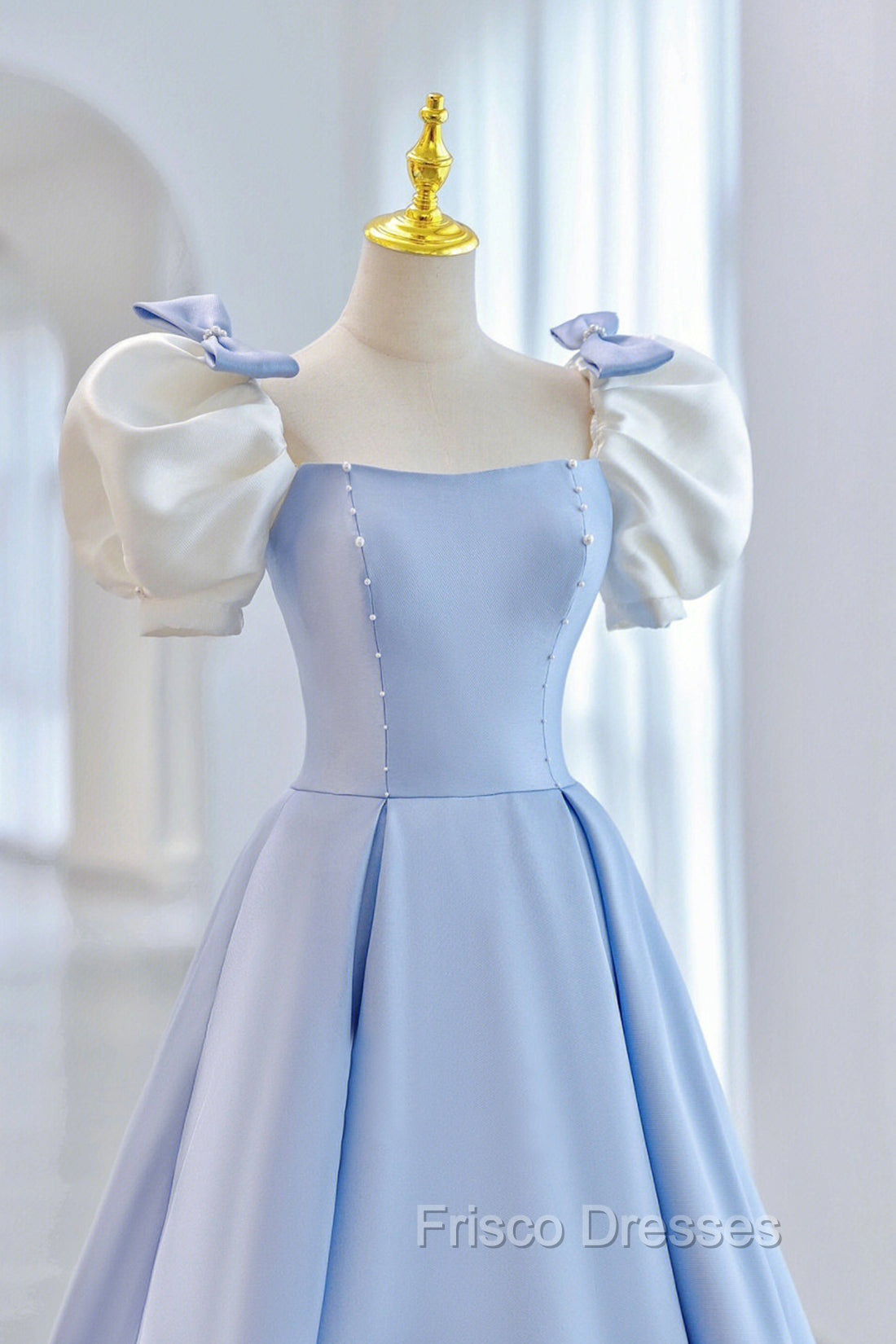 Blue Satin Long A-Line Formal Prom Dress, Lovely Short Sleeve Formal Evening Dress