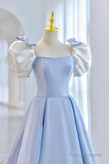 Blue Satin Long A-Line Prom Dress, Lovely Short Sleeve Formal Evening Dress