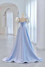 Blue Satin Long A-Line Formal Prom Dress, Lovely Short Sleeve Formal Evening Dress