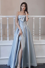 Blue Satin Long A-Line Prom Dress, Off The Shoulder Evening Dress With Slit