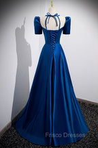 Blue Satin Long A-Line Formal Prom Dress, Simple Blue Short Sleeve Evening Dress