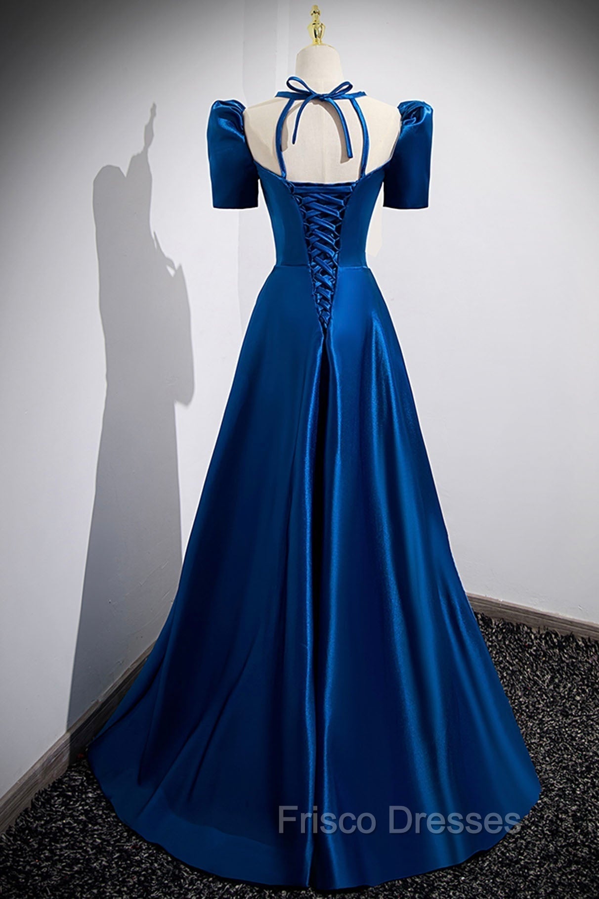 Blue Satin Long A-Line Formal Prom Dress, Simple Blue Short Sleeve Evening Dress