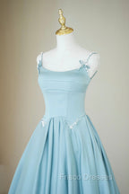 Blue Satin Long A-Line Formal Prom Dress, Spaghetti Straps Evening Dress