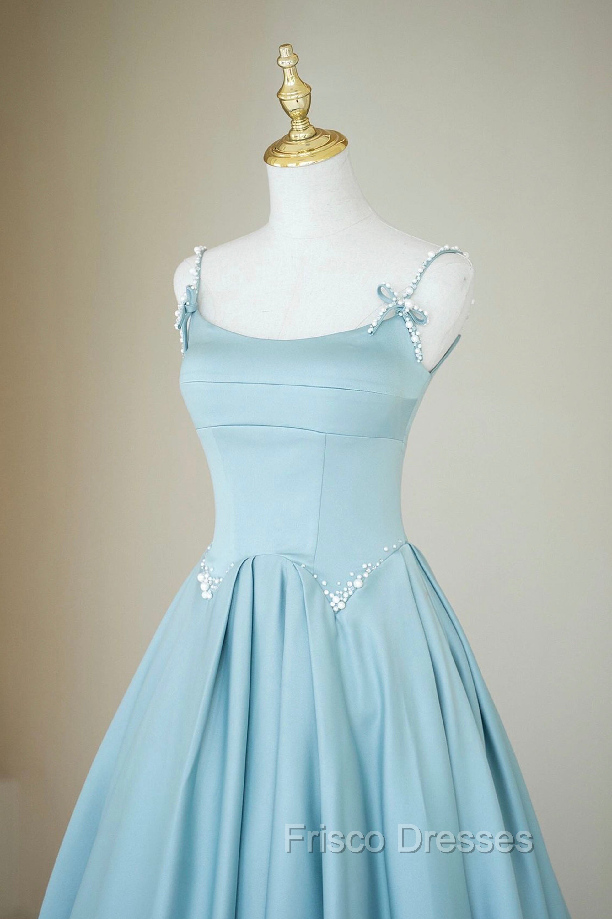 Blue Satin Long A-Line Formal Prom Dress, Spaghetti Straps Evening Dress