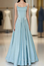 Blue Satin Long A-Line Formal Prom Dress, Spaghetti Straps Evening Dress