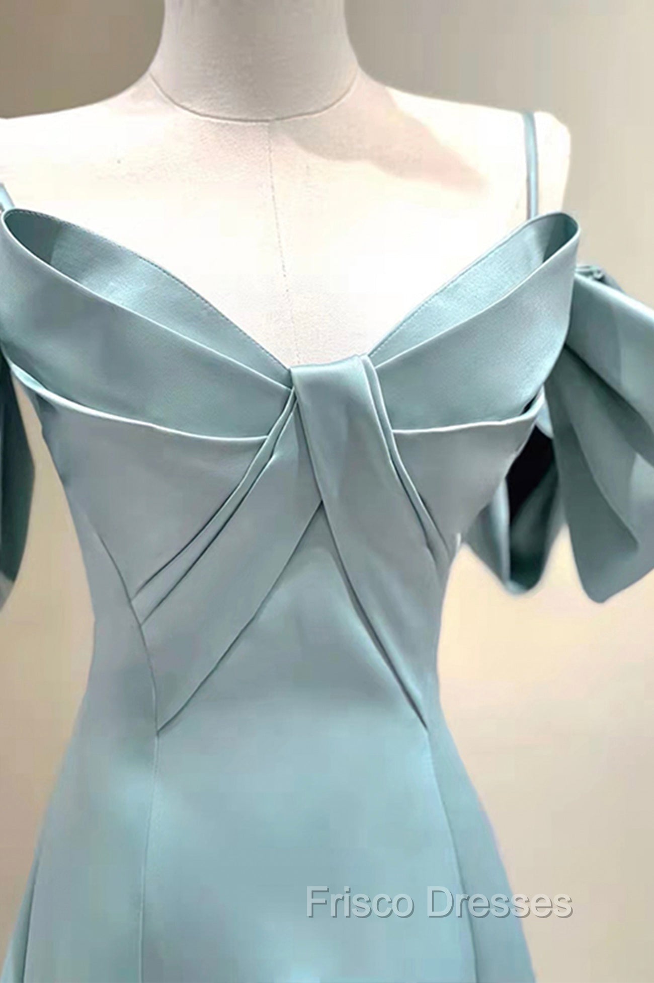 Blue Satin Long A-Line Formal Prom Dress, Unique Spaghetti Straps Evening Dress