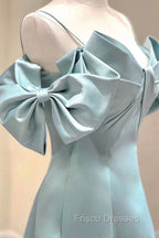 Blue Satin Long A-Line Formal Prom Dress, Unique Spaghetti Straps Evening Dress