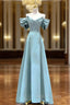 Blue Satin Long A-Line Formal Prom Dress, Unique Spaghetti Straps Evening Dress