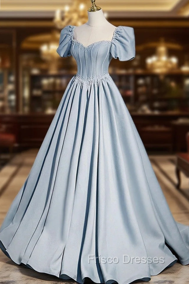 Blue Satin Long A-Line Formal Prom Dress with Pearls, Cute Short Sleeve Evening Dress