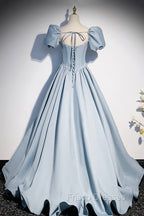 Blue Satin Long A-Line Formal Prom Dress with Pearls, Cute Short Sleeve Evening Dress