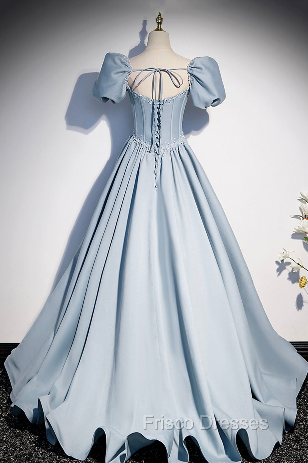 Blue Satin Long A-Line Formal Prom Dress with Pearls, Cute Short Sleeve Evening Dress