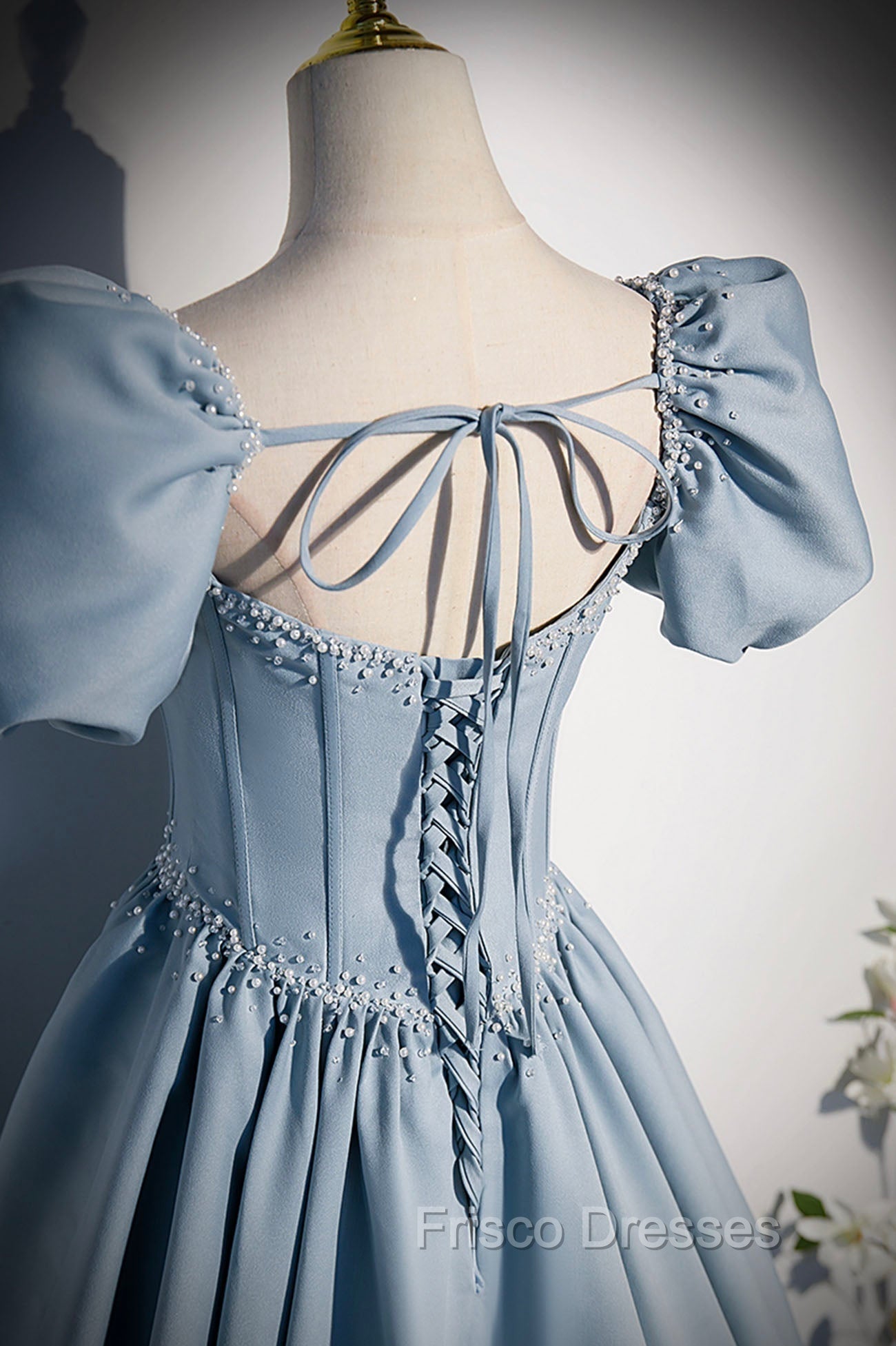 Blue Satin Long A-Line Formal Prom Dress with Pearls, Cute Short Sleeve Evening Dress