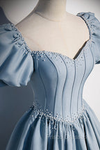 Blue Satin Long A-Line Formal Prom Dress with Pearls, Cute Short Sleeve Evening Dress
