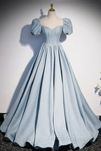 Blue Satin Long A-Line Formal Prom Dress with Pearls, Cute Short Sleeve Evening Dress