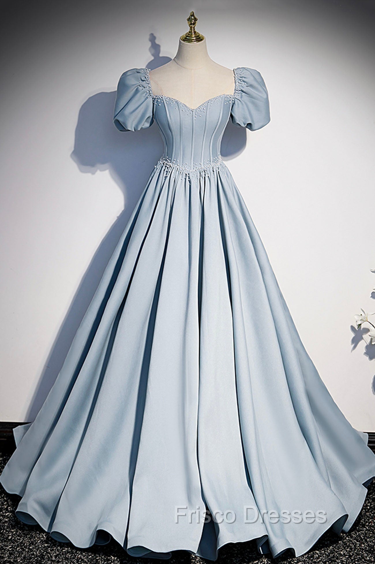 Blue Satin Long A-Line Formal Prom Dress with Pearls, Cute Short Sleeve Evening Dress