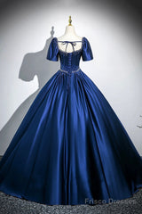 Blue Satin Long A-Line Prom Dress With Pearls, Elegant Short Sleeve Evening Party Dress