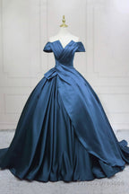 Blue Satin Long Formal Dress, Elegant A-Line Princess Prom Dress