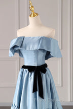 Blue Satin Long Formal Dress, Simple A-Line Strapless Formal Prom Dress