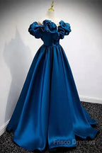 Blue Satin Long Off Shoulder A-Line Formal Prom Dress, Blue Sweetheart Formal Dress