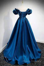 Blue Satin Long Off Shoulder A-Line Formal Prom Dress, Blue Sweetheart Formal Dress